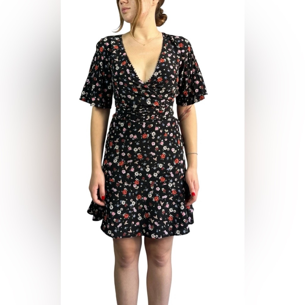 The Kooples Women's Silk Dress Short Sleeve Floral Medium Lined Faux Wrap